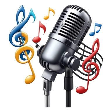 Create a dynamic and atmospheric emoji representing jazz vocal performance. The design should feature a classic, vintage microphone surrounded by flowing musical notes and soft, swirling sound waves to capture the smooth, improvisational essence of jazz. The microphone should have an old-school chrome finish, with subtle highlights that suggest its iconic, timeless quality. Include a background hint of a dimly lit jazz club or smoky stage to set the mood. Use deep, moody colors like midnight blue, gold, and black to evoke the intimate, soulful vibe of jazz vocals. The background should be transparent. sticker