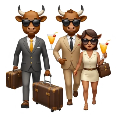 generate an emoji of a group of up to 8 male and female bulls travelling together on holidays. One bull has a suitcase, one has sunglasses, one is carrying a cocktail. They're all in motion, walking together. Make the characters look like bulls sticker