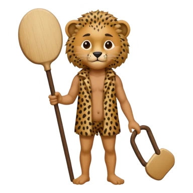 Give me a human who has hunch back and wearing cheetah print clothes  lot of hair on his body show full body and has a stick in his hand sticker