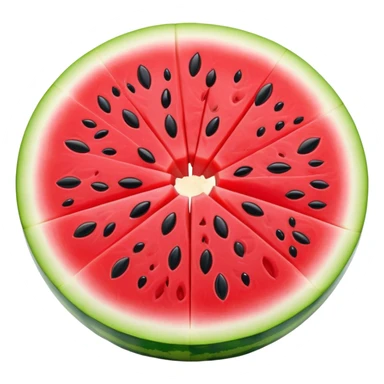 Cinematic juicy watermelon, thick slices revealing vibrant red interior, glossy and glistening with tiny black seeds, fresh and refreshing, soft glowing background, summer vibes. sticker