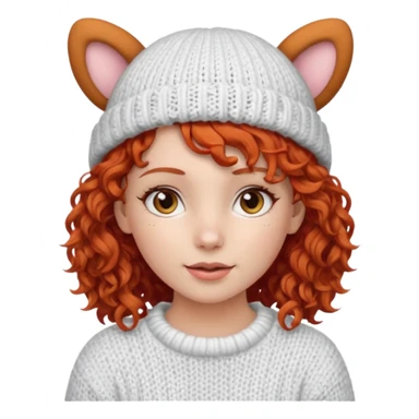 A red-haired curly-haired girl in a white knitted hat with ears sticker
