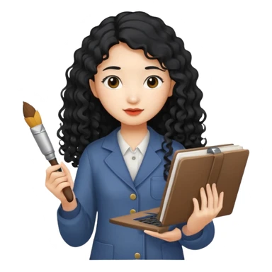 Asian girl with long curly hair holding a laptop, a paintbrush, a book, and a camera in her hands sticker