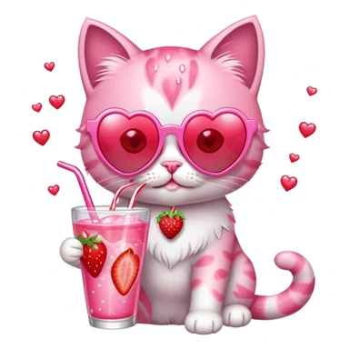 A bubblegum pink kitten with heart-shaped sunglasses, sipping a strawberry soda, surrounded by sparkles and summer vibes. sticker