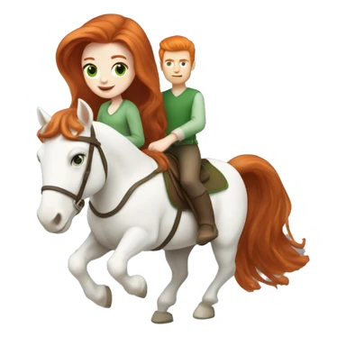 Redhead (ginger) girl, long blowout hair, green eyes and pale skin riding a white horse sticker