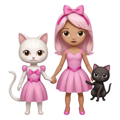 A spider-themed superhero character holding hands with a cute white cat character in a pink dress and a pink bow sticker