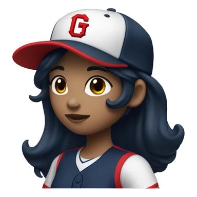 Black long hair and white skin girl wearing navy ballcap emblazoned with a red G initial and wearing baseball uniform sticker