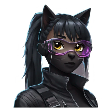 Gorgeous cyberpunk ponytail dark techwear anime style anthro black cat furry with blushing face aesthetic and pretty edgy black with collar and harness trending style sticker