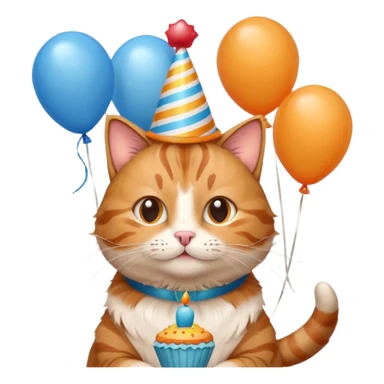 has al gatito tom con globos, un cono de fiesta y un pastel sticker