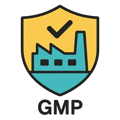 GMP icon for supplement labels, showing a shield with a checkmark and factory silhouette, modern and trustworthy look sticker