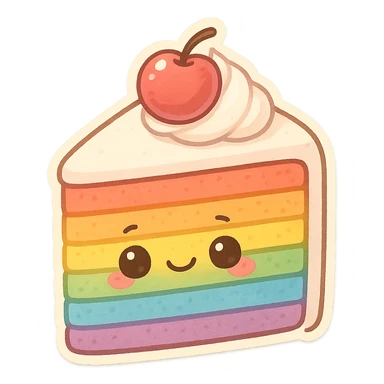 chibi sticker-style rainbow cake slice, cute and exaggerated sticker