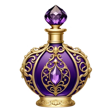 A luxurious French vintage-style perfume bottle in deep purple, with an ornate crystal stopper and intricate gold filigree detailing. The bottle has an elegantly curved shape, reminiscent of classic 18th-century perfume designs. It sits atop a delicate lace-covered vanity table, surrounded by pearls and antique silver accessories. Soft candlelight casts a warm, romantic glow, highlighting the rich texture of the glass and metallic accents sticker