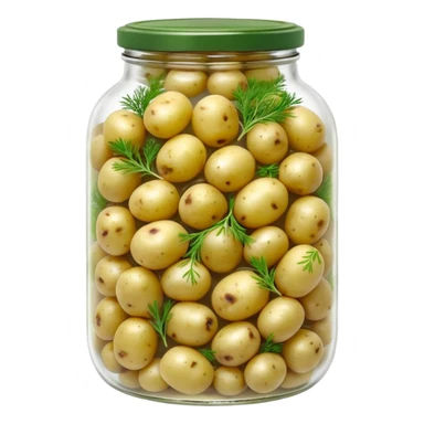 A round jar of small pickled potatoes with sprigs of dill floating inside.









 sticker