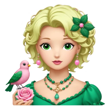 un oiseau classique vert avec un collier avec des breloque argentées et un poil blond qui fait une petite bouclette sur le front et à côté un oiseau rose avec le même collier mais en doré et un cheveu marron et les deux se regardent sticker