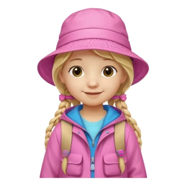 Little girl kid student, long braid blonde, wears pink bucket hat and jacket, backpack, happy sticker