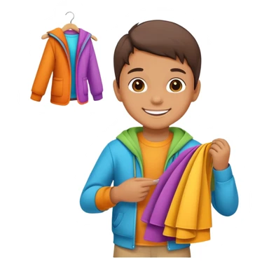 child folding colorful clothes, smiling, organized sticker
