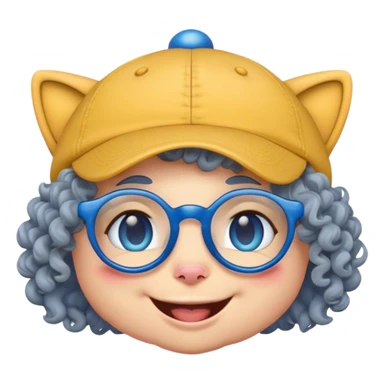 yellow female smiley face emoji, big smile, winking, wearing a backwards blue ball cap, grey curly hair, cat eye glasses, no eye colo sticker