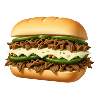 Chicago Italian cheesy beef sandwich. Italian bread, shredded beef, white provolone cheese, green peppers. sticker