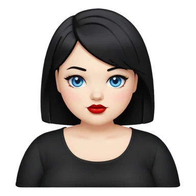 plus size teenage girl with a black bob haircut, side parted, blue eyes, black eyeshadow, red lipstick, wearing a black shirt, emoji style, winking sticker