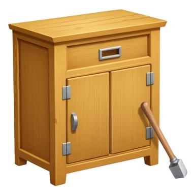 Compact emoji-style icon showing a small wooden cabinet with one door slightly open, a hammer resting beside it, and a plank of wood leaning in the background. Light brown wood tones, silver hammer head, yellow handle. Soft shadows, clean glossy look.  sticker
