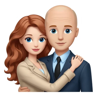 Barbie girl  , eyes blue , Chestnut red long wavy hair In pale beige clothes, Hugs a man with light brown hair bald, brown eyes , and a black suit sticker