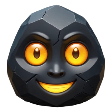 Single black obsidian rock character, thick and heavy with sharp facets and subtle reflections, carved cute face with glowing round eyes and a small smile, 3D render, high detail, soft backlighting, isolated on a plain dark background. sticker