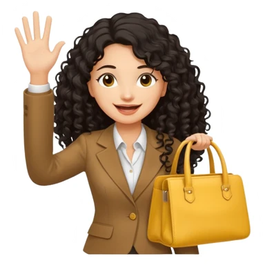 medium deep tan brown business woman with long black curly hair, waving hand with happy face with smile mouth and carrying bag on her shoulder and the other hand holding yellow stanley tumblr sticker