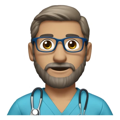 male dark blond haired doctor in scrub cap with grey van dyke beard with hazel eyes and small wire-rimmed glasses in blue scrubs holding a large paintbrush sticker