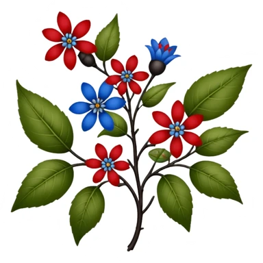 dull green leaves & red & blue flowers filigree design & small fruits& ebony branches, extremely detailed, complex design sticker