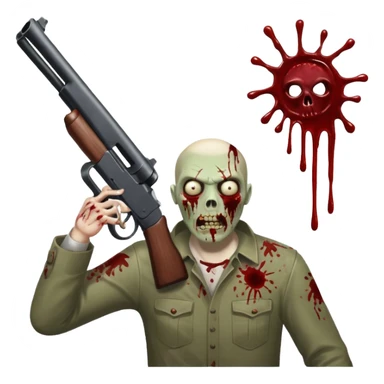 Man in foreground firing shotgun, zombie approaching from front, blood splatter, dark horror, no background












 sticker