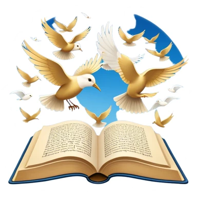 Icon for Poetry Reading: an open book with verses on the pages, from which fly pages transforming into a large flock of small white birds soaring into the blue sky. The icon should evoke the freedom and beauty of poetry. Transparent background. sticker