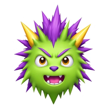 silly and furry monster in a flat art style with no shading. The monster should have a playful, cartoonish expression, with a green furry body, purple spiky hair, and small stitches on its forehead, resembling a Frankenstein-solana-inspired creature. Include small bolts on the sides of its head with tiny yellow lightning sparks for a quirky touch. The design should be simple, bold, and colorful, with clean lines and a light gray background to make the monster pop sticker
