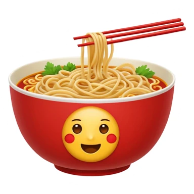 Chinese cuisine humanless avatar in bright emoji-style illustration. Noodles bowl, red and gold colors, simple shapes, flat design, bold and energetic. sticker