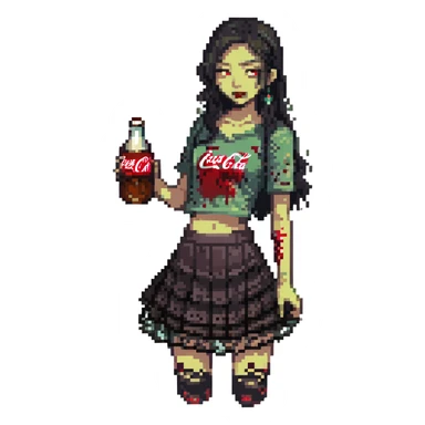 Generate an Asian girl, dark-haired, she's a zombie, wearing a skirt with lace, slightly torn,

Holding a bottle of Coca-Cola in her hands.

Background - a dark street in the style of Gotham City. sticker