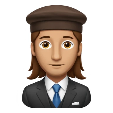 Man with a long nose wearing a suit and kippah, he has long brown hair with a payot sticker