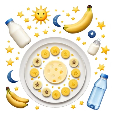 Mystical daily routine constellation: water bottle, sun, chicken plate, banana, gym weight, yogurt, fruits and chocolate, and moon symbols arranged like stars in a constellation pattern with glowing lines connecting them in sequence sticker