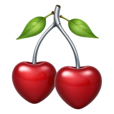 A pair of cherries emoji made of polished silver chrome, smooth rounded shapes, glossy metallic finish, soft highlights and reflections, cute proportions, iOS emoji style, centered, clean white background, no text sticker
