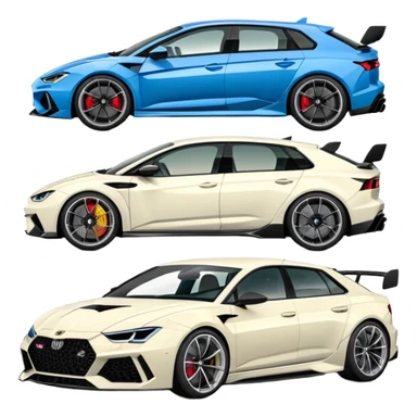 three cars lineup fromt profile forming a semi circle with a lamboghini svj an bmw m140i and a audi ra6 sticker