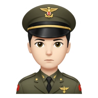 short black neat hair, sharp dark gray eyes, pale skin, serious expression, wearing military uniform, upright posture, minimal accessories, sharp and precise style. Man sticker