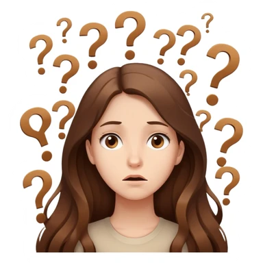 Confused girl with long brown hair surrounded by floating question marks elegant beige sticker
