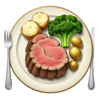 Plate of prime rib baked potato broccoli and parsnip sticker