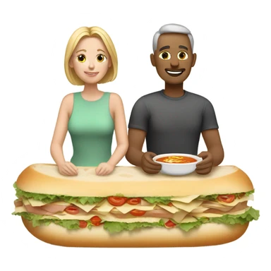 White couple sitting on top of big sandwich. They are eating soup sitting on t sticker
