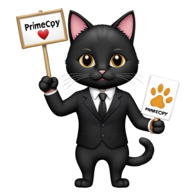 A cat in a black business suit holds a sign with the inscription "PrimeCopy" with one paw and shows a like with the other paw sticker