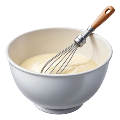 Cinematic Realistic Whisk & Mixing Bowl, a well-used metal whisk resting in a smooth ceramic mixing bowl, light reflecting off the whisk’s polished surface, subtle smears of batter along the rim, glowing with a sense of warmth and creativity. sticker