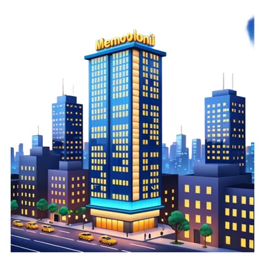 A 3D cartoon city billboard mounted on a tall building, glowing lights at dusk, realistic reflections, Memoji-style. sticker