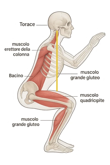 side view of a human figure performing a squat, with transparent overlays showing the skeletal structure. A straight line or highlighted axis connects the pelvis (bacino) and the ribcage (torace), demonstrating correct alignment. Key muscles involved in maintaining posture are labeled. Clean, educational style, white background. sticker