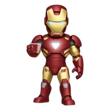 iron man holding a shake on his right hand and he looking that snake sticker