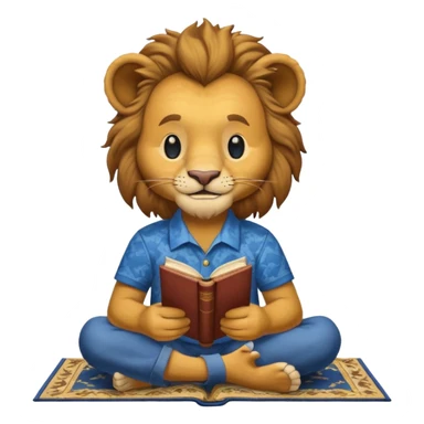 Happy lion reading Abraham Lincoln on a carpet with blue and yellow shirt on sticker
