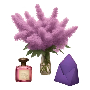 Aesthetic still life of soft pink mimosa flowers, a vintage-style purple perfume bottle, a love note, and a deep purple envelope.
 sticker