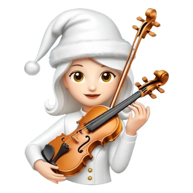 A sleek, elegant, pure white animated violin emoji wearing a festive New Year hat on top, sparkling details, soft glow, premium cartoon style, high resolution, 3D-like shading, cheerful and cute, perfect for Telegram sticker or emoji, minimalistic background sticker