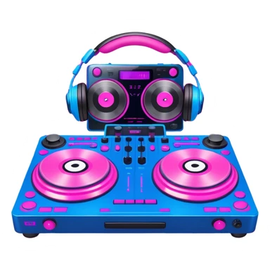 Create a dynamic and modern emoji that represents electronic music and DJing. The design should feature a DJ controller with two vinyl turntables, DJ headphones, and glowing sound waves or a waveform to symbolize the energy of mixing and electronic beats. Use vibrant neon colors like electric blue, neon pink, or green to represent the futuristic and pulsating nature of electronic music. Add subtle details of flashing lights or abstract patterns to evoke the nightclub or festival atmosphere. The background should be transparent. sticker